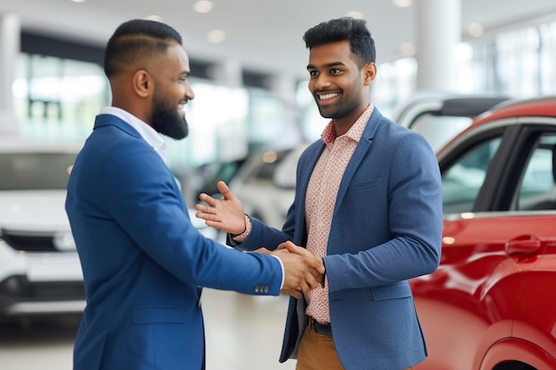 ショールームで新しい車を買った後,セールスマンと握手する幸せなインド人.