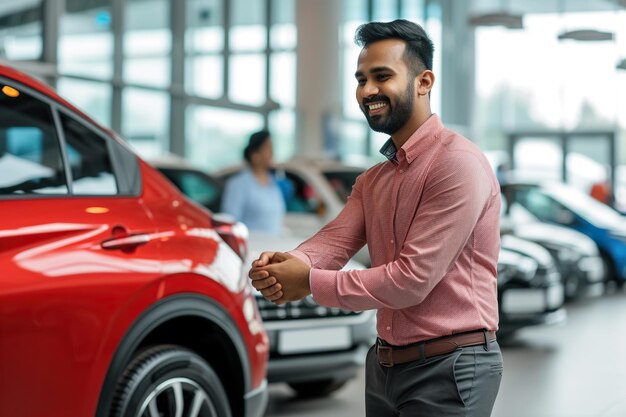 Счастливый индийский мужчина пожимает руку продавцу после покупки новой машины в шоу-руме