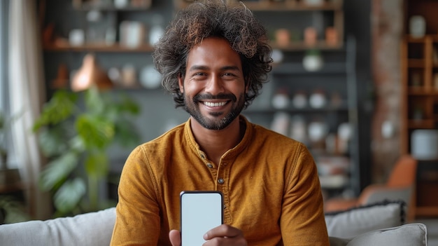 Photo the happy indian man shows a smartphone with a blank white screen at the camera while sitting on the couch at home recommending a new app or website a creative collage and mockup