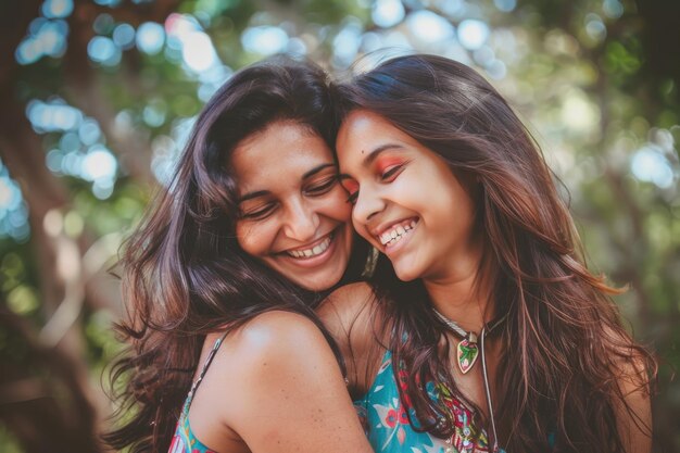 Happy Indian mother bonding with daughter outdoors emphasizing love