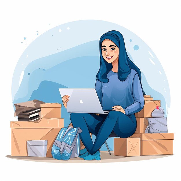 온라인 판매에서 상자를 포장하는 파란 사리를 입은 행복한 인도 무슬림 여성 온라인 작업 개념