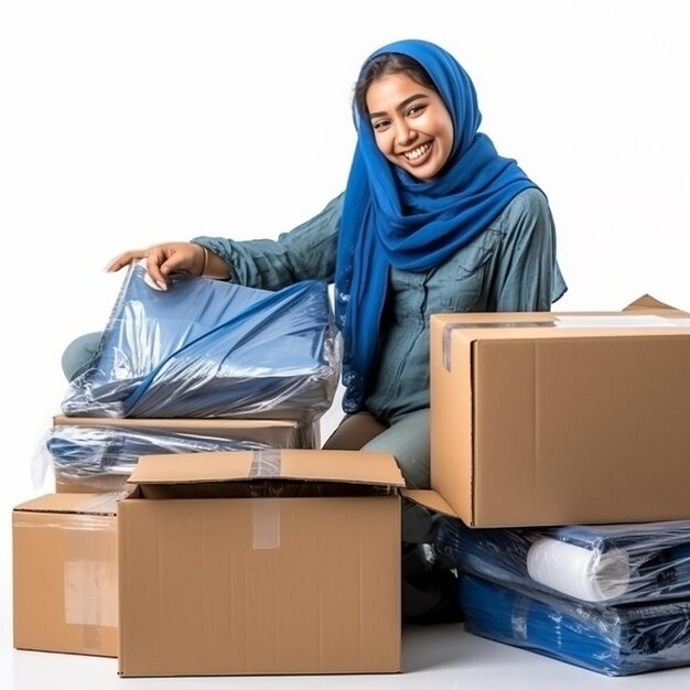 Happy Indian Muslim woman with blue saree who are packing boxes in online sales online work concept