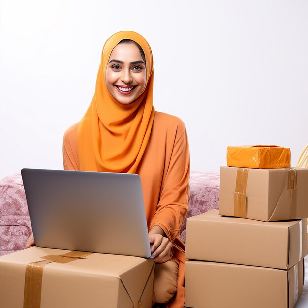 Photo happy indian muslim woman with orrange saree who are packing boxes online sales online work concet