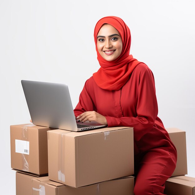 Happy indian muslim woman with red saree who are packing boxes in online sales online work concept