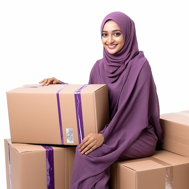 사진 바이올 사리를 입은 행복한 인도 무슬림 여성은 온라인 판매 온라인 작업 개념을 박스를 포장하고 있습니다.