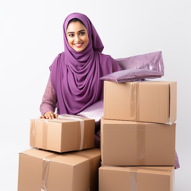 Happy indian muslim woman with Violet saree who are packing boxes online sales online work concepT