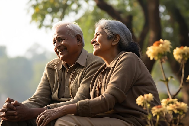 写真のためにポーズをとる幸せなインドの老夫婦