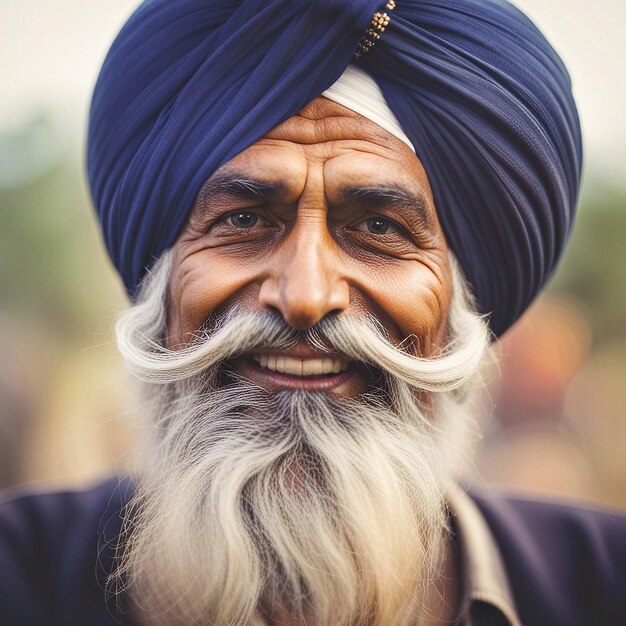 a happy indian punjabi old man with long beard and mustache