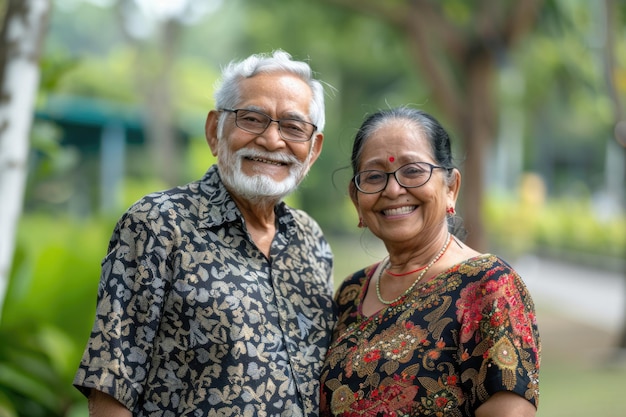 Photo happy indian senior couple in summer park smiling outdoors