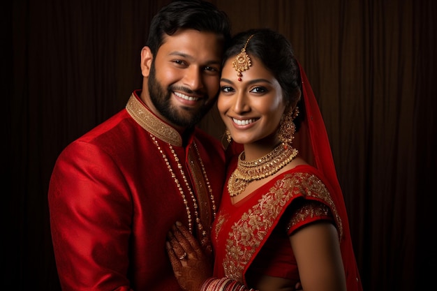 a happy indian spouse wearing traditional wedding dress bokeh style background