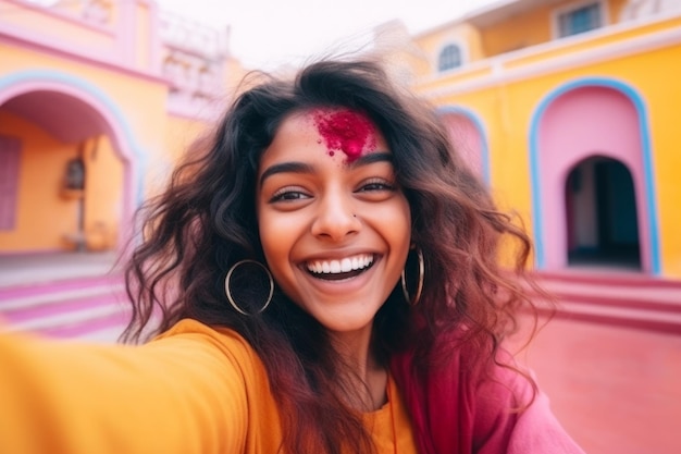 Foto una donna indiana felice scatta un selfie su uno smartphone sullo sfondo di una casa