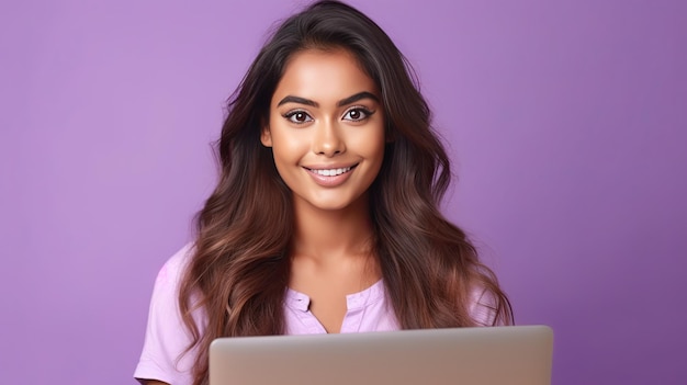 A happy indian woman with laptop computer working or studying online on lilac background generative ai