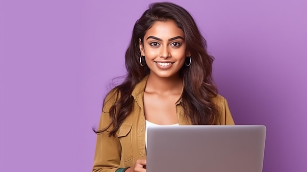 Happy Indian woman with laptop computer working or studying online on lilac background