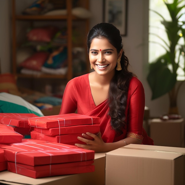 Foto fortunata donna indiana con saree rosso che sta confezionando scatole in vendite online concetto di lavoro online