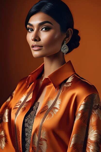 Happy Indian young businesswoman wearing Orange suit looking at the camera