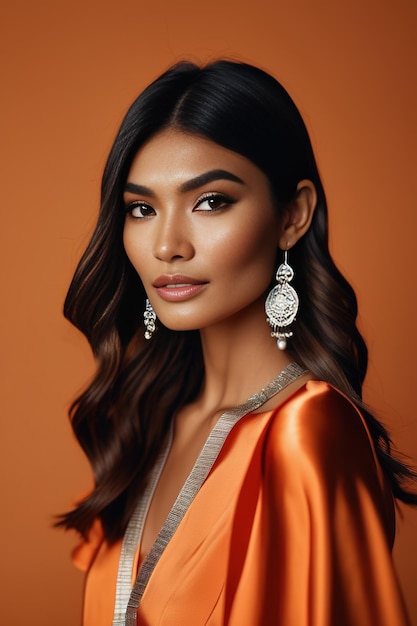 Happy Indian young businesswoman wearing Orange suit looking at the camera