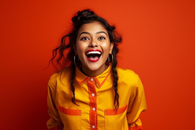 a happy indian young girl laughing on orange background generative AI