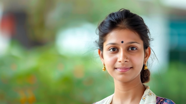 Photo happy indian young women female smiling on blurred natural outdoor background copy space