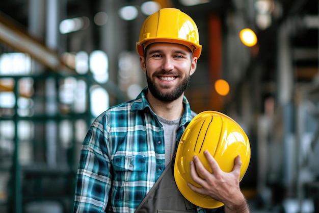 Foto lavoratore industriale felice con casco di sicurezza misure di sicurezza manodopera qualificata