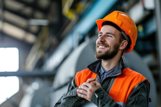 Счастливый промышленный работник с шлемом безопасности меры безопасности квалифицированная рабочая сила