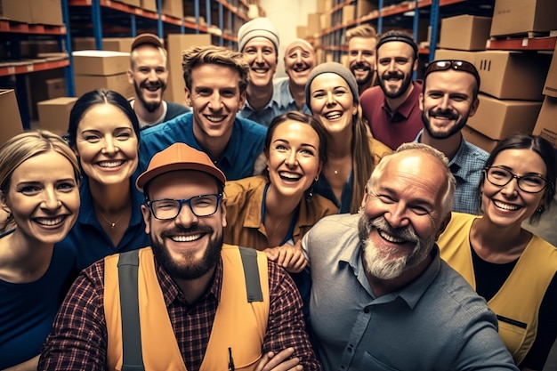 A happy international team of employees in front of a warehouse full of racks of boxes