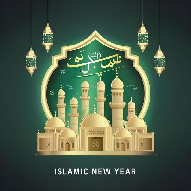 Foto buon anno nuovo islamico saluto islamico calligrafia araba con illustrazione araba