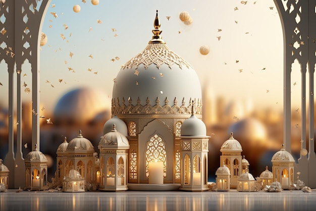 幸せなイスラム新年の豪華なモスクとランタン