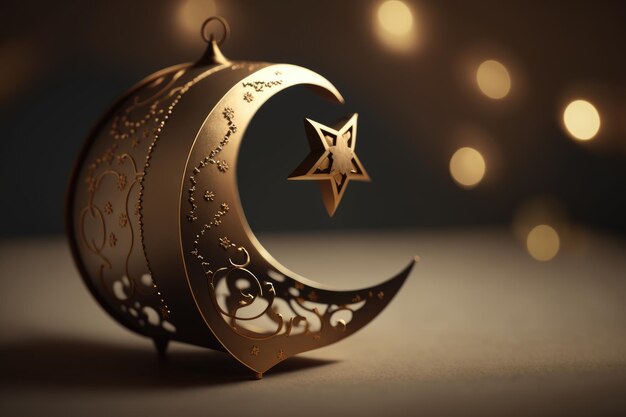 Happy Islamic new year new lunar Hijri year with crescent gold podium arabic lantern mosque 1440 Creative photo poster or banner greeting card copy space Moon