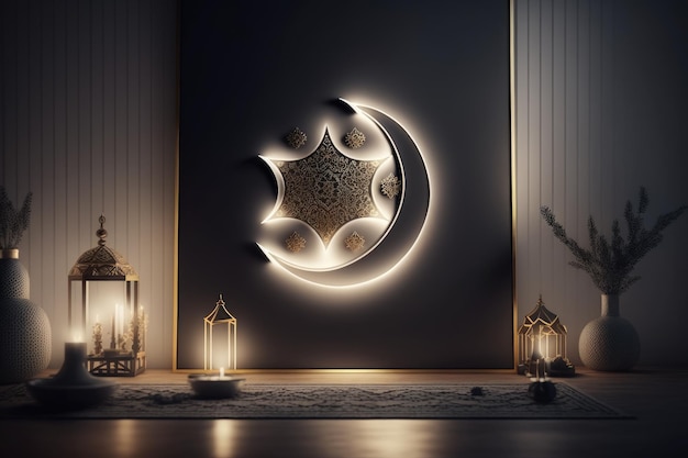 Happy Islamic new year new lunar Hijri year with crescent gold podium arabic lantern mosque 1440 Creative photo poster or banner greeting card copy space Moon