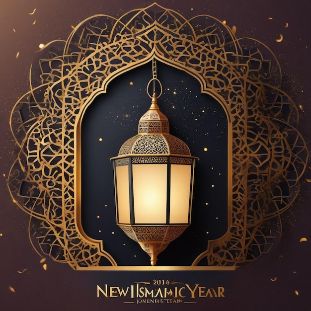 Фото Пост в социальных сетях с поздравлениями с исламским новым годом на фоне арабского фонаря