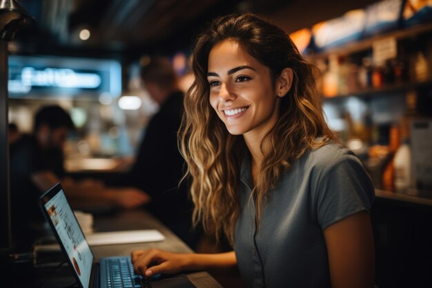 Happy IT technician working at the office using her laptop