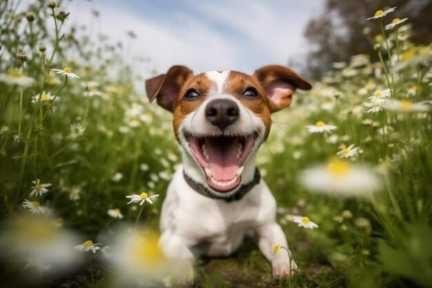 Happy jack russel terrier in a field of daisy