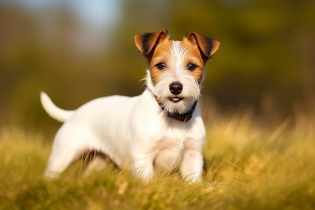 幸せなジャック ラッセル テリアのペットの犬が草の中で聞きながら待っています