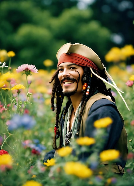 아름다운 꽃밭에서 행복한 잭 스패로우