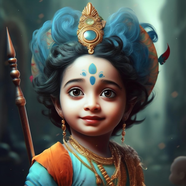 Happy Janmashtami festival Little Cartoon Lord Krishna Digital Background Generative Ai