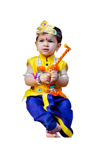 Happy Janmashtami Greeting Card showing Little Indian boy posing as Shri krishna or kanha/kanhaiya with Dahi Handi picture and colourful flowers.