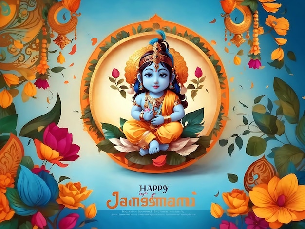 Photo happy janmashtami lord krishna in janmashtami festival of india with hindi calligraphy postercard