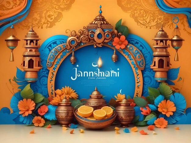 happy Janmashtami Lord Krishna in Janmashtami festival of India with hindi calligraphy postercard