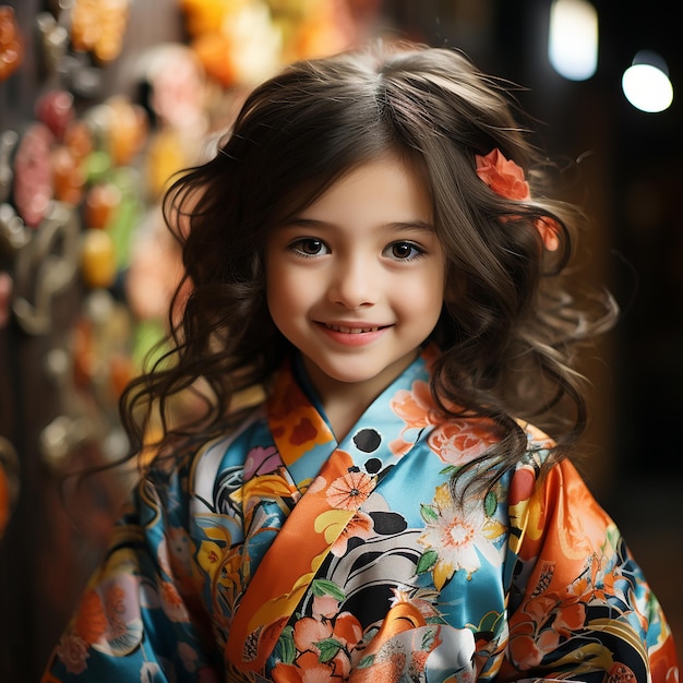 happy japanese girl wearing kimono dress