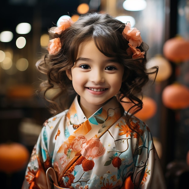 happy japanese girl wearing kimono dress