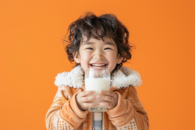 Счастливый японский мальчик со стаканом молока на оранжевом фоне