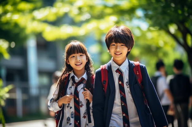 Happy Japanese schoolchildren go to school on a sunny day