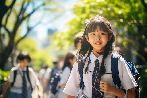 写真 ユニフォームを着た幸せな日本の女の子が晴れた日に学校に行く