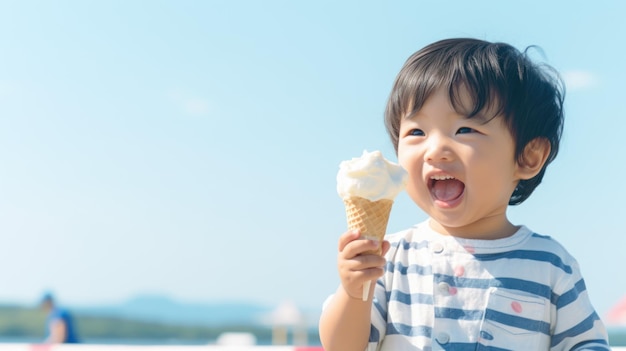 야외에서 아이스크림을 즐기는 행복한 일본 유아 AI 생성