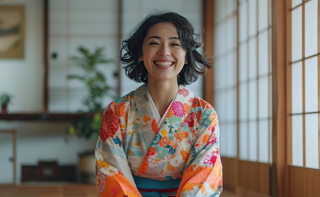 Happy Japanese woman sitting on the floor