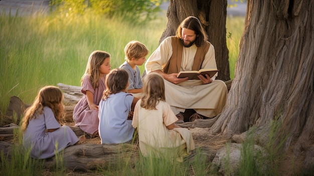 Photo happy jesus sits in clearing under summer tree reading book and smiling with children