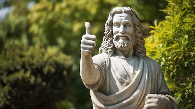 happy jesus winking thumbs up and pointing statue mene