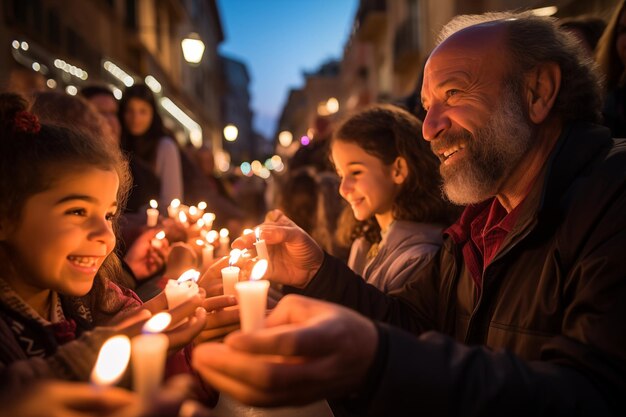 Foto ebrei felici che accendono le candele a hanukkah