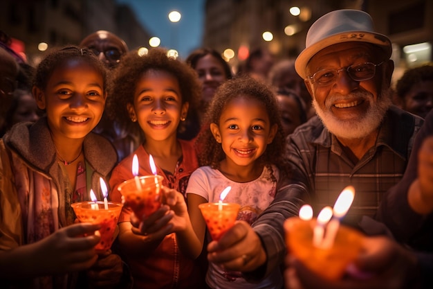 사진 행복 한 유대인 들 이 하누카 에 불 을 켜고 있다