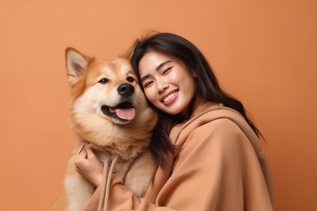 Happy joyful asian woman embraces her favorite dog smiles gladfully expresses love and care to favorite dog enjoys company of domestic animal dressed in casual jumper isolated over beige wall